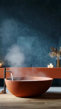 Round terracotta bathtub emitting steam in modern bathroom