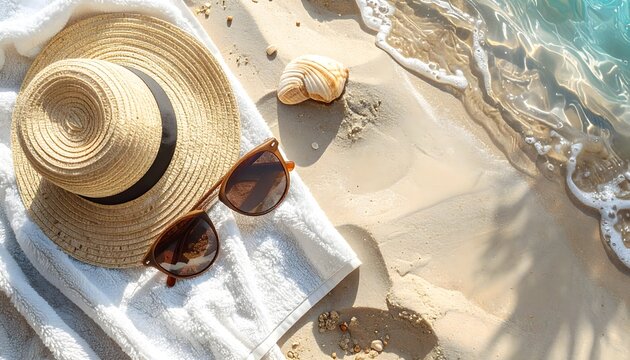 Sombrero de paja y gafas de sol sobre una toalla blanca junto a la orilla del mar en una composici&oacute;n de vacaciones de verano
