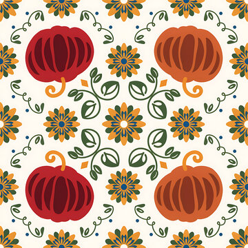 Autumn folk art seamless pattern with pumpkins and flowers