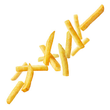 Golden french fries floating in air, isolated on transparent cutout background