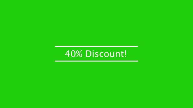 40 Percent Discount text animation with white lines on green screen chroma key background
