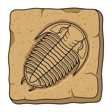Hand-drawn vector illustration of a trilobite fossil preserved in a stone block. Perfect for educational, paleontology, geology, and ancient marine life projects or natural history themes.
