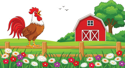 Cartoon Rooster Crowing on Wooden Fence with Red Farm Barn Green Field and Colorful Flowers Background Vector Illustration for Kids Books © MdMOSTOFA
