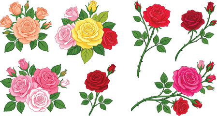 Colorful Rose Flowers Collection Featuring Bouquets and Single Stems with Buds and Leaves Isolated on White Background for Wedding Invitation Designs © MdMOSTOFA