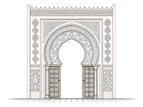 Ancient Moroccan carved arch doorway, minimal vector illustration, clean lines, isolated on white background