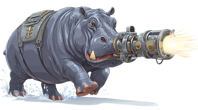 Steampunk Hippo Warrior with Futuristic Weapon Firing Energy Blast