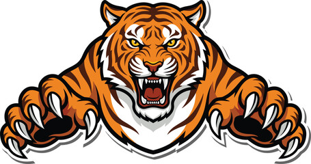 Aggressive Roaring Tiger Mascot Vector Illustration with Sharp Claws and Fangs Isolated on White Background for Esports Team Logos and Apparel Prints © MdMOSTOFA