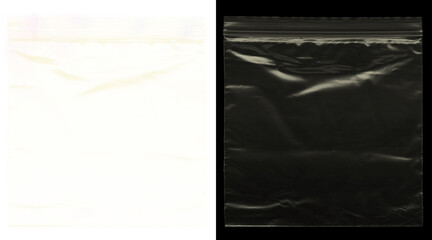 Transparent plastic texture overlay, wrinkled polyethylene bag surface on black and white background, clear zip lock bag material for design mockups © Anamul