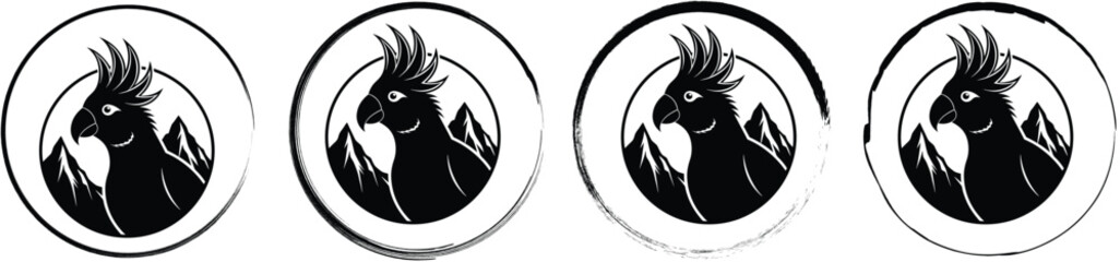 Collection of four round emblems featuring a black silhouette of a cockatoo head with mountains, isolated on a white background © SilhouetteStore