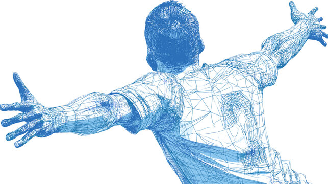 Abstract blue wireframe human figure with outstretched arms and open hands on white background