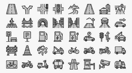 Corporate Flat Pack of 50 Monochromatic Road Traffic and Transportation Icons for Presentations and Infographics © Izaa