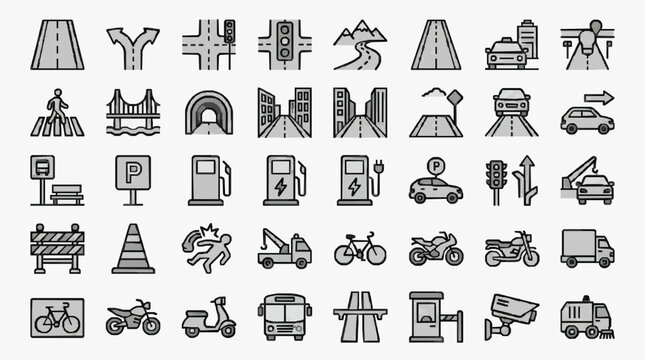 Corporate Flat Pack of 50 Monochromatic Road Traffic and Transportation Icons for Presentations and Infographics