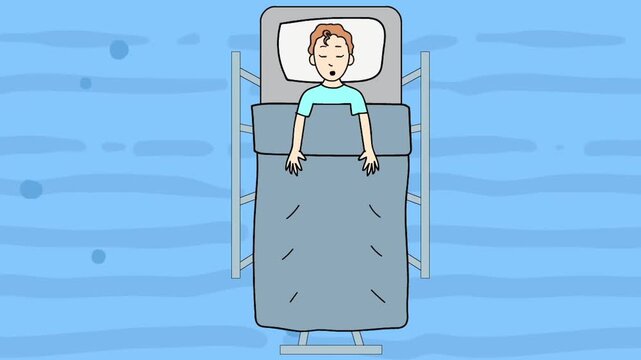 2D animation top view of a sick male patient lying in a hospital bed with blue background medical healthcare