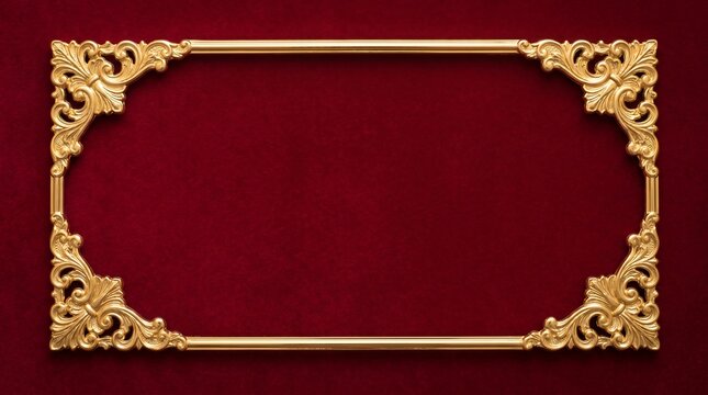 Ornate gold picture frame border on rich dark red velvet background with decorative background ornament template classical interior sophisticate