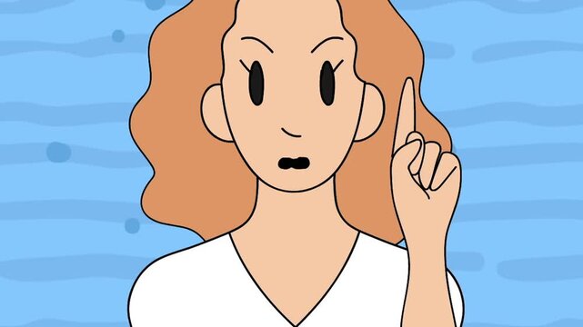 2D animation close up of a blonde woman with a shocked expression pointing finger up idea solution discovery concept