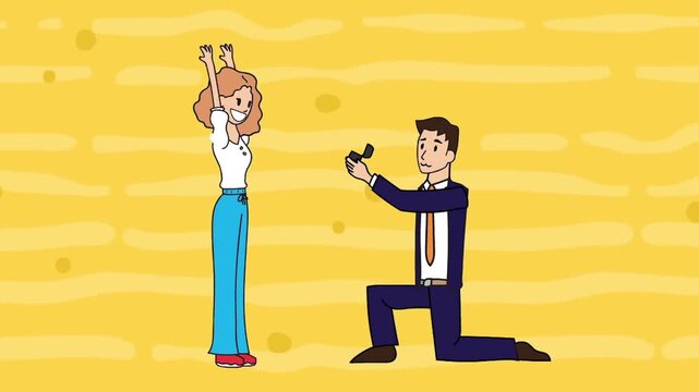 2D animation of a man in suit kneeling down proposing marriage to a woman yellow background wedding concept