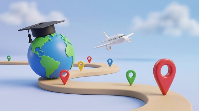 Global education concept with graduation cap on world globe education university graduation learning international airplane academic knowledge