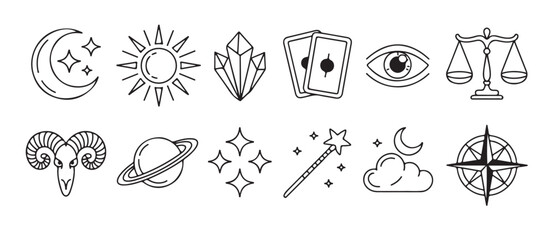 Set of mystical and astrological line icons including moon, sun, tarot cards, and zodiac symbols © MdMojinur