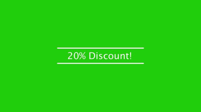 20 Percent Discount text animation with white lines on green screen chroma key background