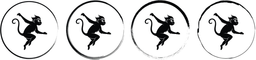 Four circular badges featuring a black monkey silhouette jumping, isolated on a white background, with unique textured, brush stroke borders © SilhouetteStore