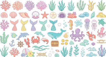 Pastel Ocean Life and Under the Sea Coral Reef Icon Set Featuring Mermaid Tails, Shells, Dolphins, Whales, Jellyfish, and Nautical Symbols for Vector Graphic Designs © Rahat