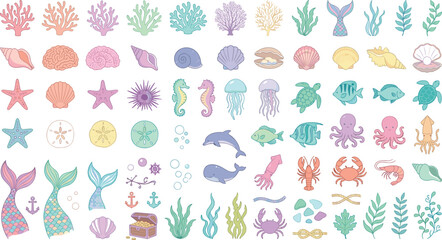 Pastel Under the Sea Coral Reef Icon Set Featuring Mermaids, Sea Shells, Fish, Turtles, Jellyfish, and Ocean Animals for Vector Graphic Designs © Creative collection
