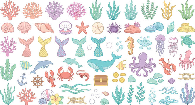 Pastel Ocean Life and Under the Sea Coral Reef Icon Set Featuring Mermaid Tails, Shells, Dolphins, Whales, Jellyfish, and Nautical Symbols for Vector Graphic Designs