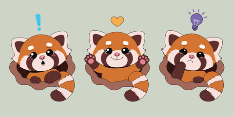 Three cute red pandas express different emotions as they peek out from the ground with red panda expression wildlife © Vareil