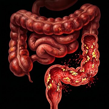 colon with multiple diverticula, some showing signs of inflammation and infection (diverticulitis)	
