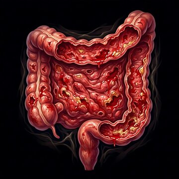 colon with multiple diverticula, some showing signs of inflammation and infection (diverticulitis)	
