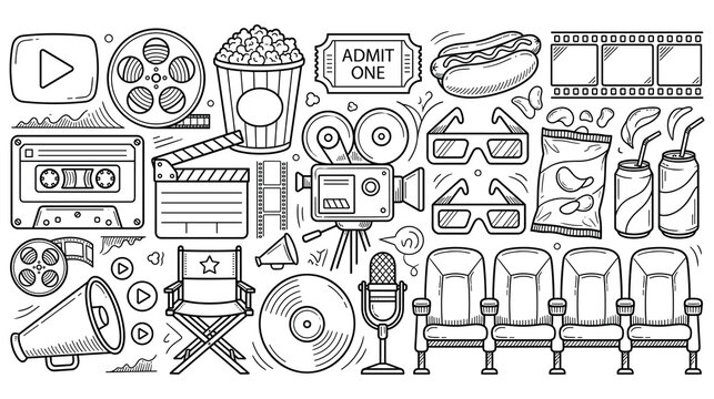 Movie time doodle collection. cinema hand drawn elements for film industry and entertainment.