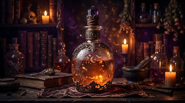 Old magic potion bottle with glowing liquid on a wooden table with burning candles and dark fantasy atmosphere