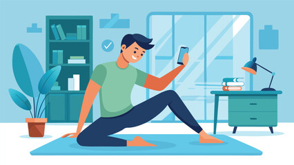 Obraz premium Man taking selfie with smartphone during home workout on yoga mat with plants and books