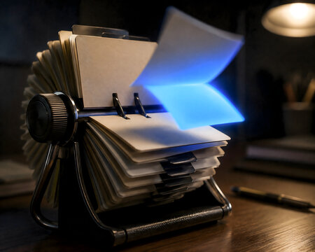 Vintage rolodex with glowing blue card mid-flip, job displacement concept