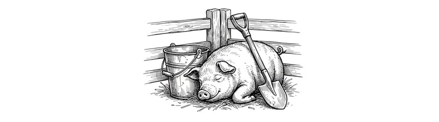 Farm animal resting by bucket and shovel © Damung