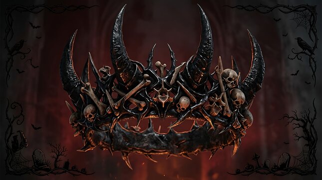 Dark gothic crown made of skulls and sharp metal spikes with red accents