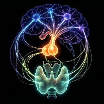 interconnected network representing the hypothalamic-pituitary-thyroid (HPT) axis, showing abstract brain regions sending signals (light trails) to the pituitary, which then signals the thyroid, empha