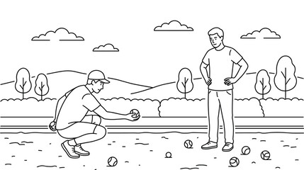 Two young men playing petanque game outdoors. friends enjoying leisure activity in park.