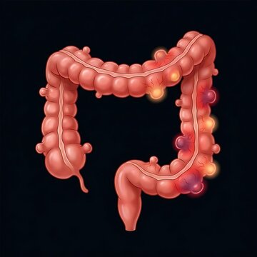 colon with multiple diverticula, some showing signs of inflammation and infection (diverticulitis