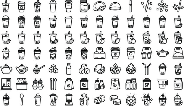 Bubble Tea and Boba Cafe Line Icon Set with Outline Symbols for Milk Tea Flavors, Tapioca Pearls, Fruit Smoothies, and Drink Takeout Menu Design