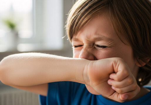 Young boy rubbing tired eyes with hands. Child showing fatigue or allergies with closed eyelids and tearful expression.
