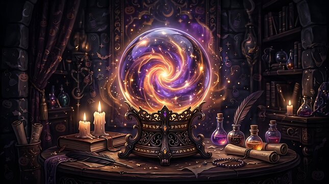 Magical crystal ball with glowing galaxy energy on a wooden table with candles and magic potions in a dark mystical room