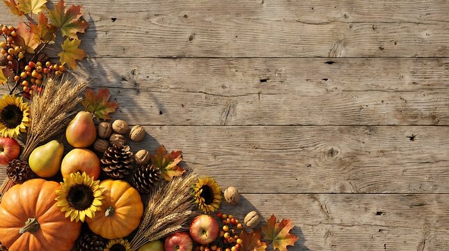 Autumn harvest composition with pumpkins, sunflowers, and fall leaves on rustic wooden background