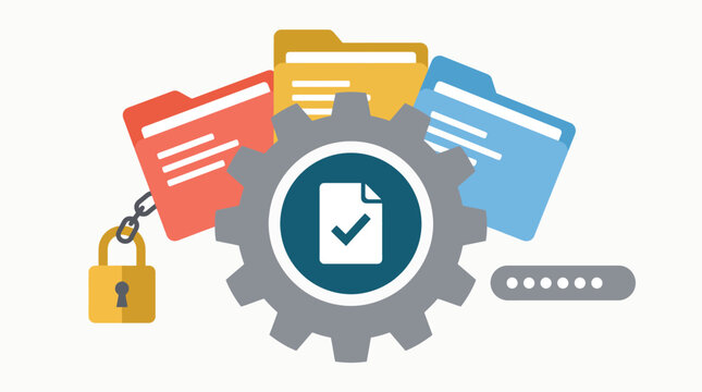 Data management gear icon with secure file folders, document processing system vector, digital archive security and password protection concept