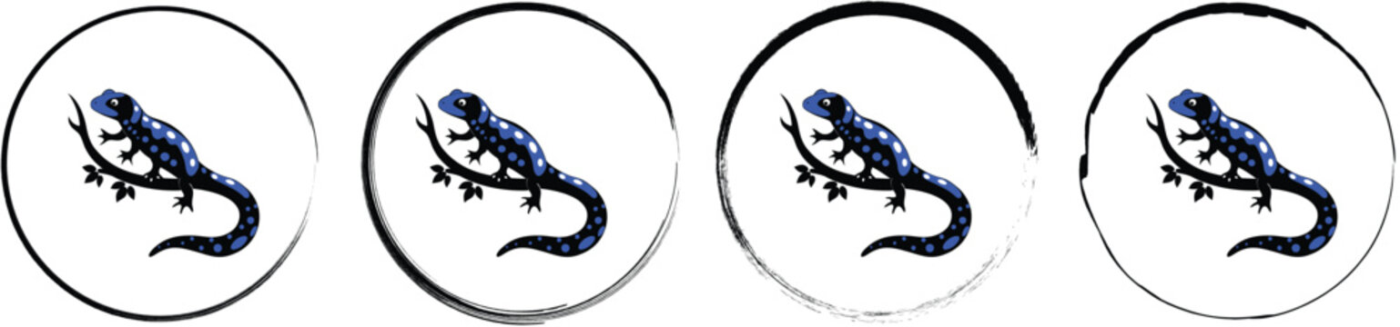 Four circular featuring a blue spotted salamander perched on a tree branch, isolated on a white background, set