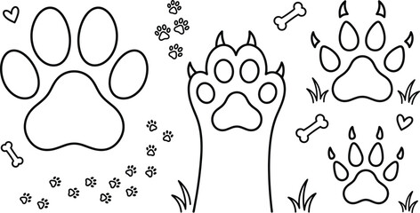 Animal paw print line art vector icon set featuring dog tracks claws bones hearts and wild predator elements © MD