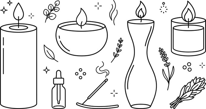 Aromatherapy candle and incense line art vector icon set featuring spa wellness relaxation lavender oil and smudge elements