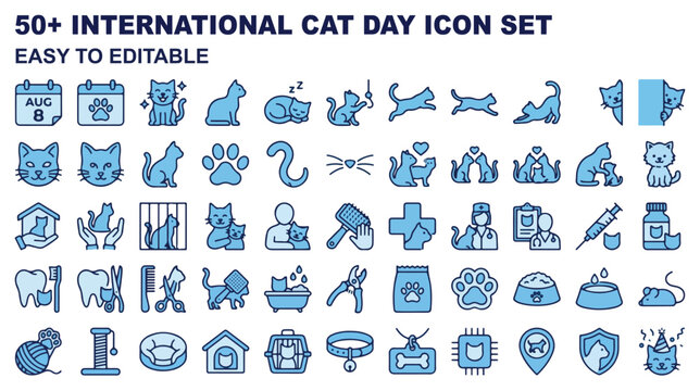 International Cat Day icon set, blue line vector icons for pet care and veterinary services, collection of 50 feline symbols