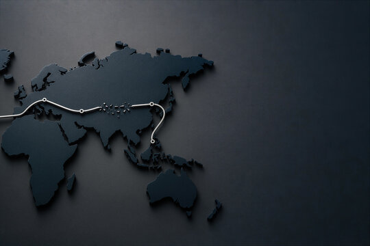 Global transit corridor vulnerability on stylized 3D world map with fractured silver line symbolizing supply chain risk international trade interruption corporate concept