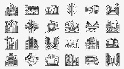 Professional Black and White Line Set of Urban Infrastructure and City Life Icons with high quality professional line art symbols for modern creative design and digital branding projects © Popo
